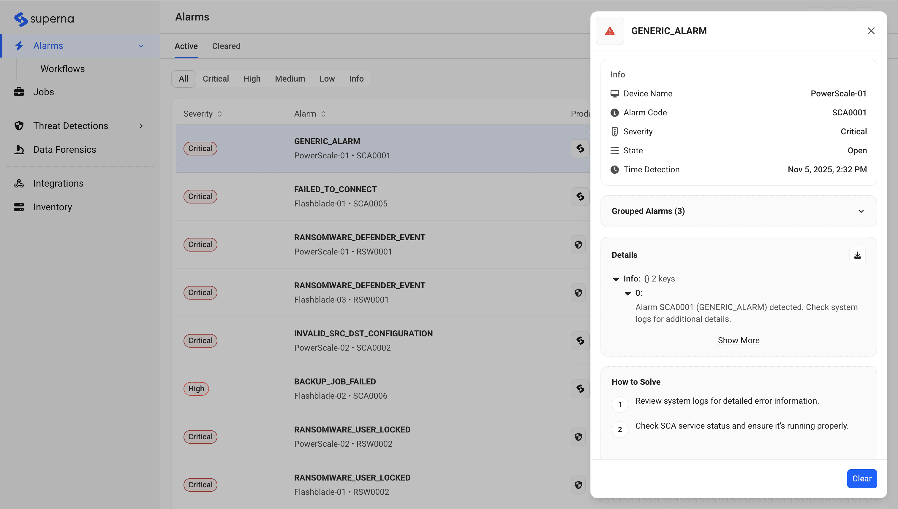 Alarms page using slide-out pattern