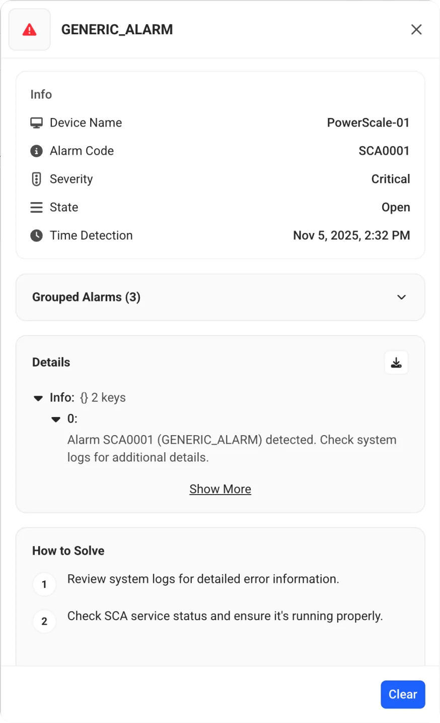 Alarms page using slide-out pattern