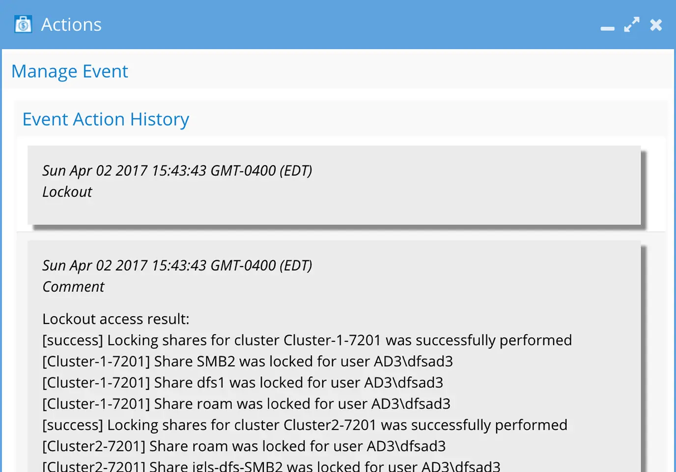 Actions window