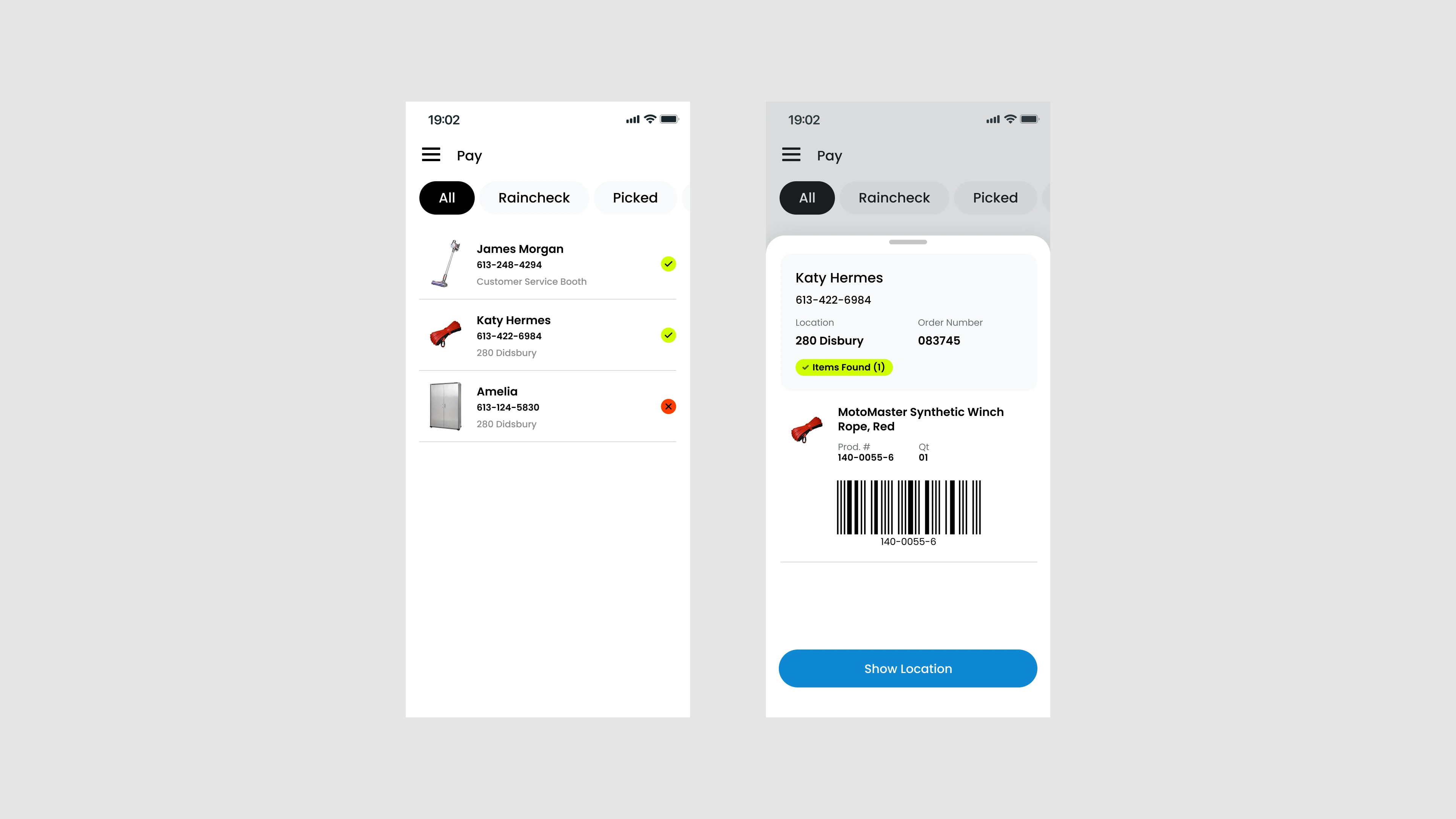 Pickup payment screen