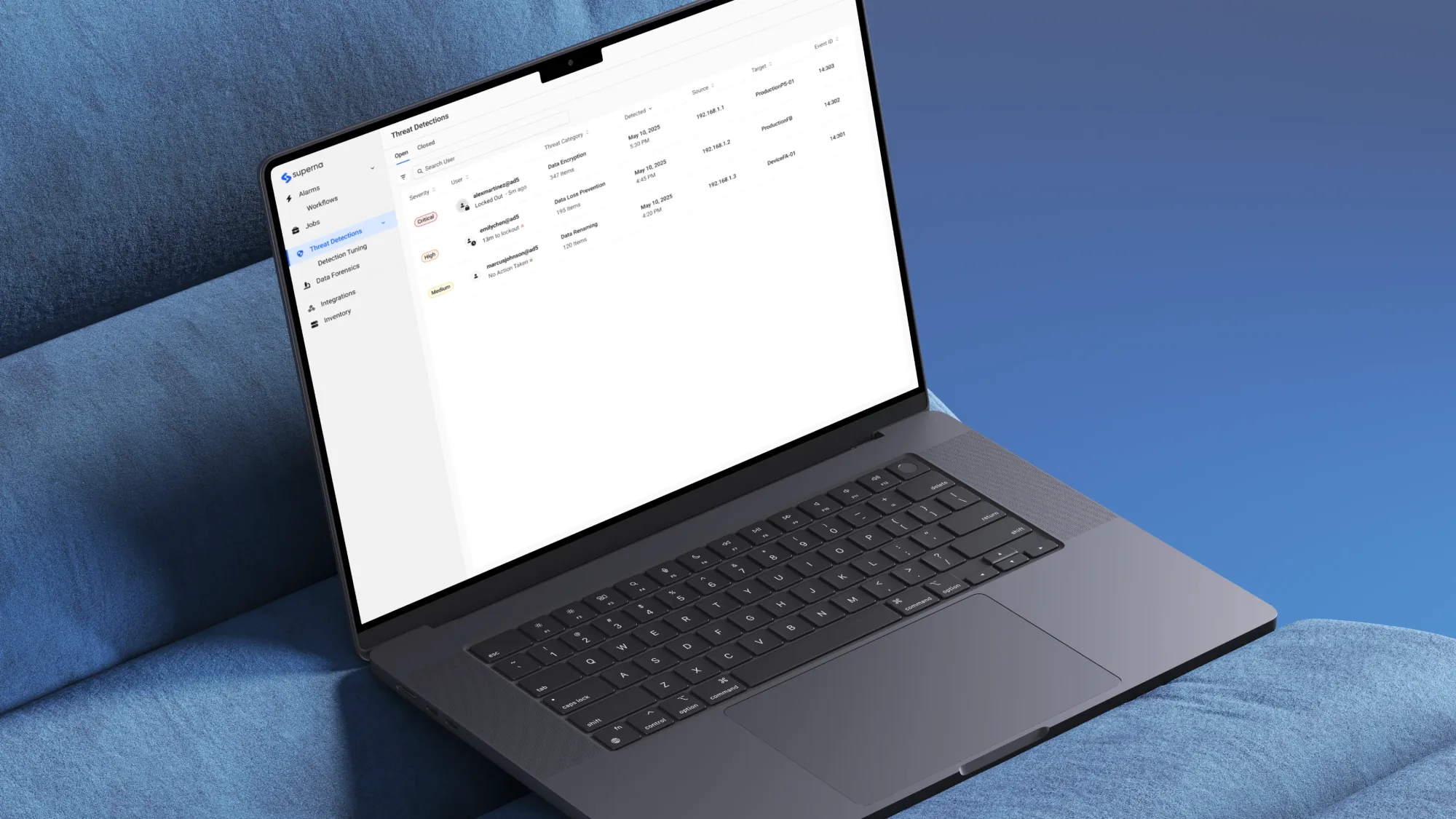 Superna threat detections on a laptop