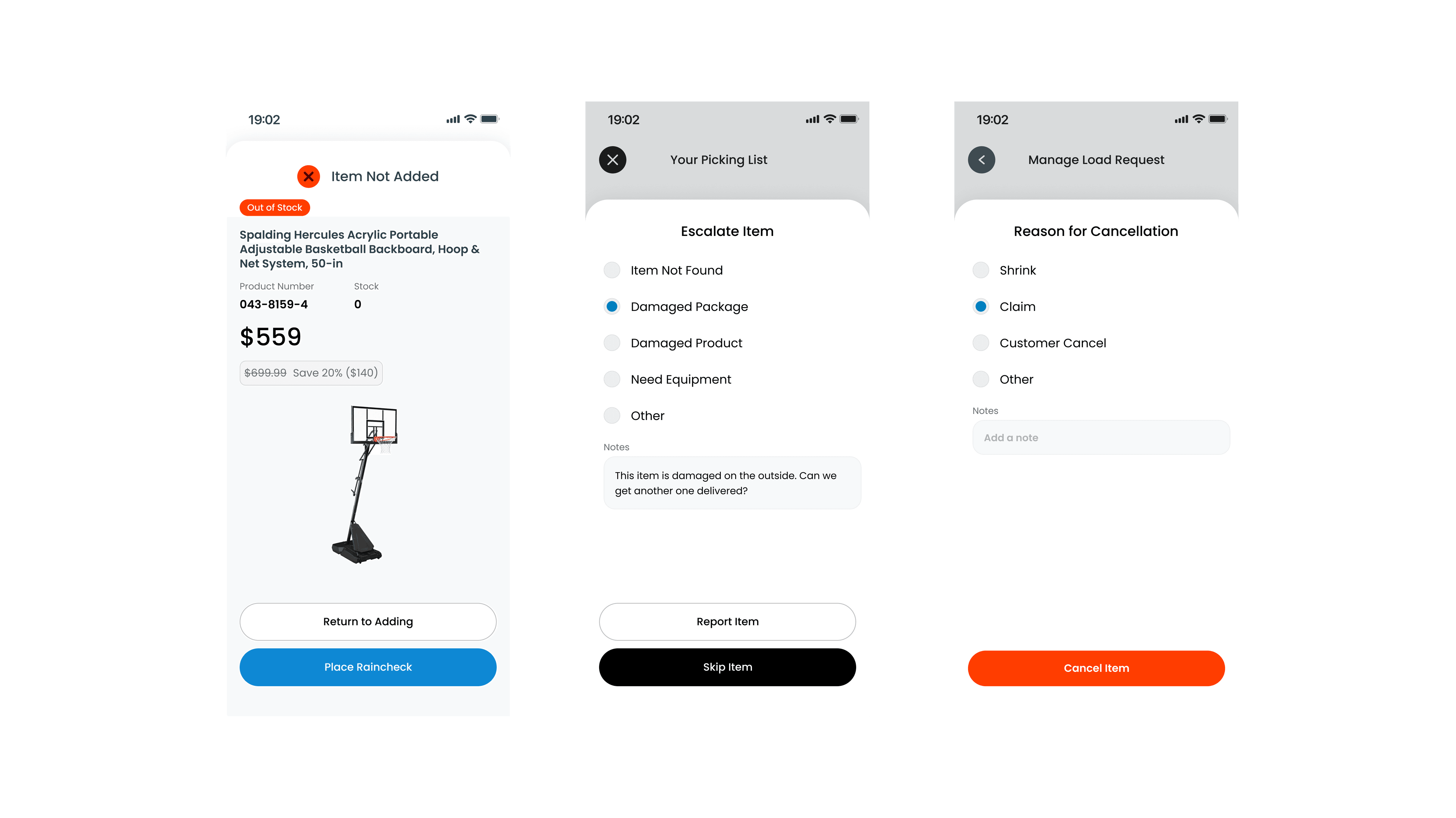 Expedite screens for escalating a damaged item, managing the load request, and choosing a cancellation reason